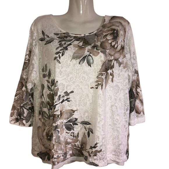 Alfred Dunner top Size PL floral burnout lined round neckline metallic highlight - Picture 1 of 5